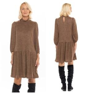 52seven Mock Neck Hachi Fabric Pleated Skirt Puff 3/4 Sleeve Sweater Dress Large